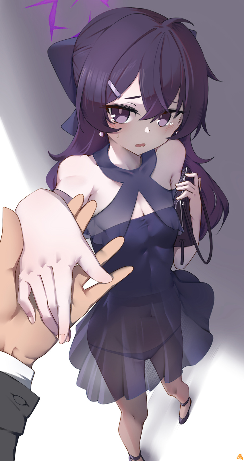 1girl :o bag bare_shoulders black_panties blue_archive blush breasts cleavage commentary covered_navel dress fingernails halo haruka_(blue_archive) haruka_(dress)_(blue_archive) hetero highres holding holding_bag holding_hands keyfanjun looking_at_viewer official_alternate_costume panties pantyhose pov pov_hands purple_dress purple_eyes purple_hair see-through see-through_dress sensei_(blue_archive) small_breasts strapless strapless_dress tears underwear