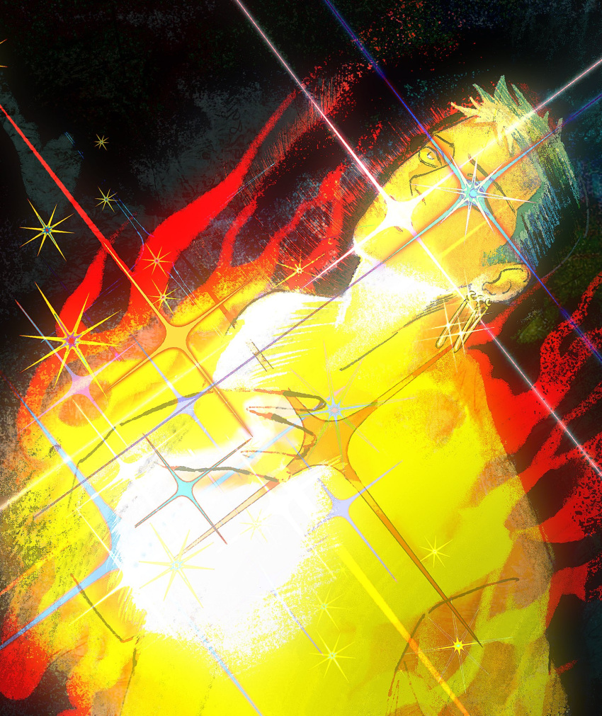 1boy abstract burning earrings fire glowing glowing_eye green_hair highres jewelry male_focus one_piece roronoa_zoro short_hair sideburns single_earring solo sparkle upper_body yaoizhen