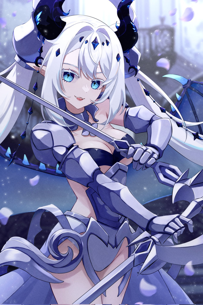 +_+ 1girl armor blue_eyes blue_wings breasts cleavage colored_eyelashes cross-shaped_pupils dragon_girl dragon_horns dragon_wings dual_wielding fang gauntlets highres holding holding_sword holding_weapon horns large_breasts long_hair looking_at_viewer nova_aokami parted_lips pointy_ears second-party_source smile solo sword symbol-shaped_pupils twintails uni_(maru231) virtual_youtuber vreverie weapon wings