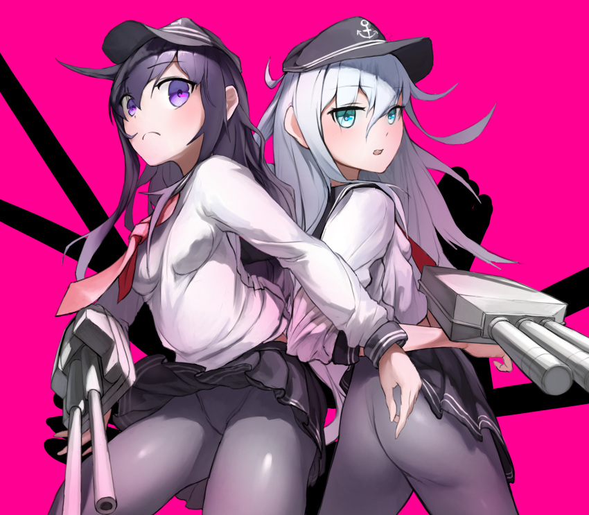 2girls adapted_turret akatsuki_(kancolle) aqua_eyes back-to-back black_hair black_headwear black_sailor_collar black_skirt cannon grey_pantyhose hibiki_(kancolle) highres kantai_collection long_hair machinery multiple_girls neckerchief pantyhose pink_background pleated_skirt purple_eyes red_neckerchief sailor_collar sannsogyoraikai shirt simple_background skirt turret white_hair white_shirt