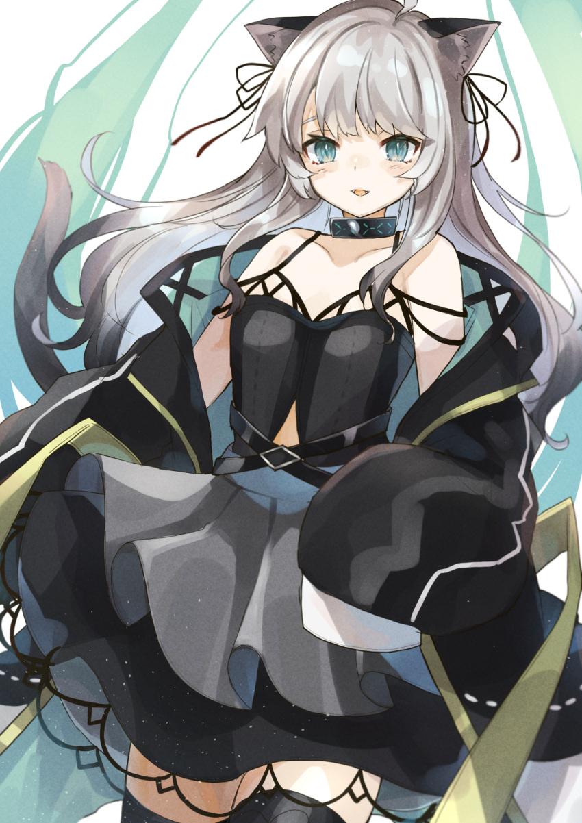 1girl andou_yuna animal_ear_fluff animal_ears arknights black_jacket black_legwear black_skirt blue_eyes cat_ears cat_girl cat_tail collar collarbone commentary cowboy_shot grey_hair highres infection_monitor_(arknights) jacket light_blush long_hair looking_at_viewer mint_(arknights) off_shoulder open_mouth skirt sleeves_past_wrists solo standing tail thighhighs zettai_ryouiki