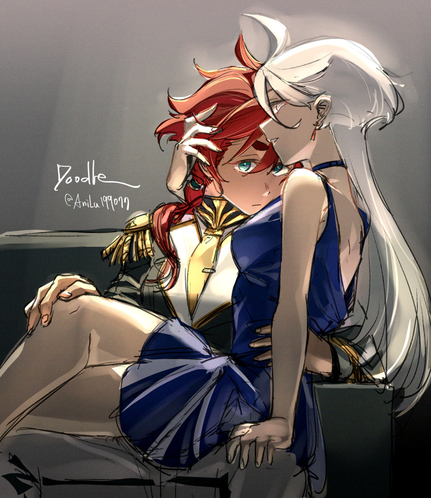 2girls absurdres ani_lu blue_eyes breasts closed_mouth commentary_request epaulettes grey_eyes grey_hair gundam gundam_suisei_no_majo hand_on_another's_knee highres long_hair miorine_rembran multiple_girls parted_lips red_hair sitting suletta_mercury thick_eyebrows yuri