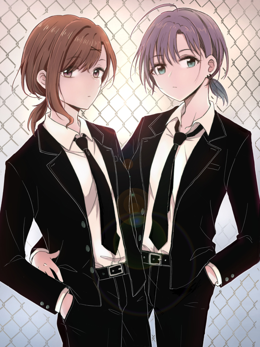 2girls ahoge arm_around_waist asakura_toru belt black_belt black_jacket black_necktie black_pants black_suit blue_hair breasts brown_eyes brown_hair chain-link_fence closed_mouth cowboy_shot day earrings expressionless fence formal gradient_background gradient_hair green_eyes hand_in_pocket highres higuchi_madoka hiroya_masaharu hoop_earrings idolmaster idolmaster_shiny_colors jacket jewelry looking_at_viewer mole mole_under_eye multicolored_hair multiple_girls necktie noctchill_(idolmaster) outdoors pants purple_hair shirt short_hair short_ponytail single_sidelock sky small_breasts standing suit sun swept_bangs white_shirt