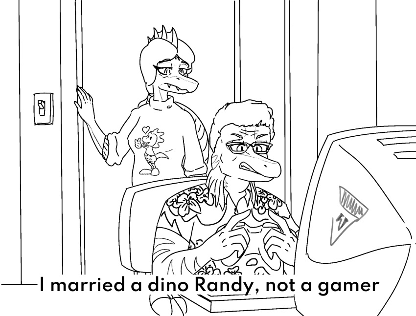 2024 5_fingers aloha_shirt anthro black_and_white cavemanon_studios clothing computer computer_mouse controller dialogue dilophosaurid dilophosaurus dinosaur duo electronics english_text eyelashes eyewear female fingers frill_(anatomy) game_controller gaming glasses hair hi_res husband husband_and_wife i_wani_hug_that_gator inside jacket_ignites king_of_the_hill male married_couple monochrome pattern_clothing pattern_shirt pattern_topwear playing_videogame randy_payne reptile scalie sharp_teeth shirt short_hair sitting sketch snout sophia_payne spinosaurid spinosaurus sweater teeth text theropod topwear wife
