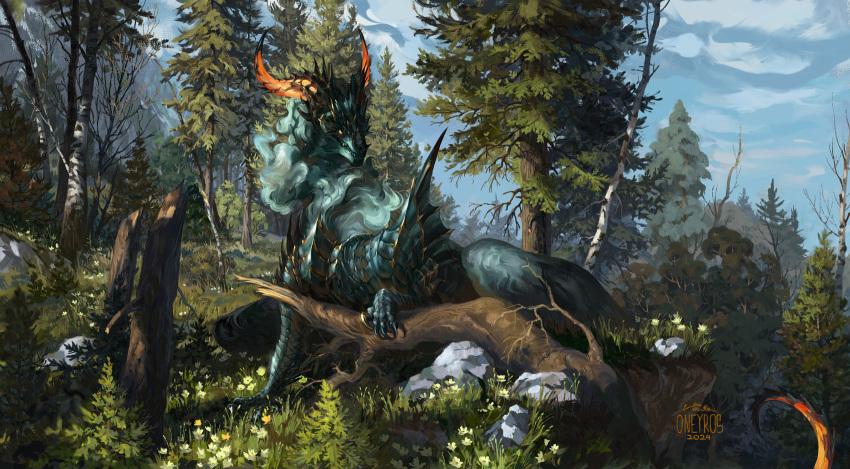 animal_focus artist_name blue_sky claws commentary commission day dragon english_commentary fallen_tree forest grass highres horns landscape looking_at_viewer monster nature no_humans oneyros orange_horns original outdoors rock scales scenery sky solo tree yellow_eyes