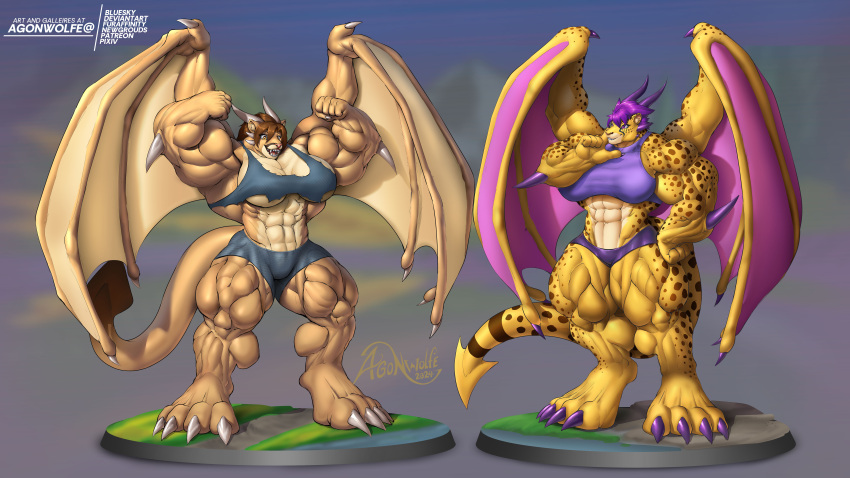 absurd_res agonwolfe brown brown_hair cheetah claws cougar dragon felid feline female flexing hair hi_res humanoid hyper mammal muscular mythological_creature mythological_scalie mythology purple purple_hair scalie spread_wings wings