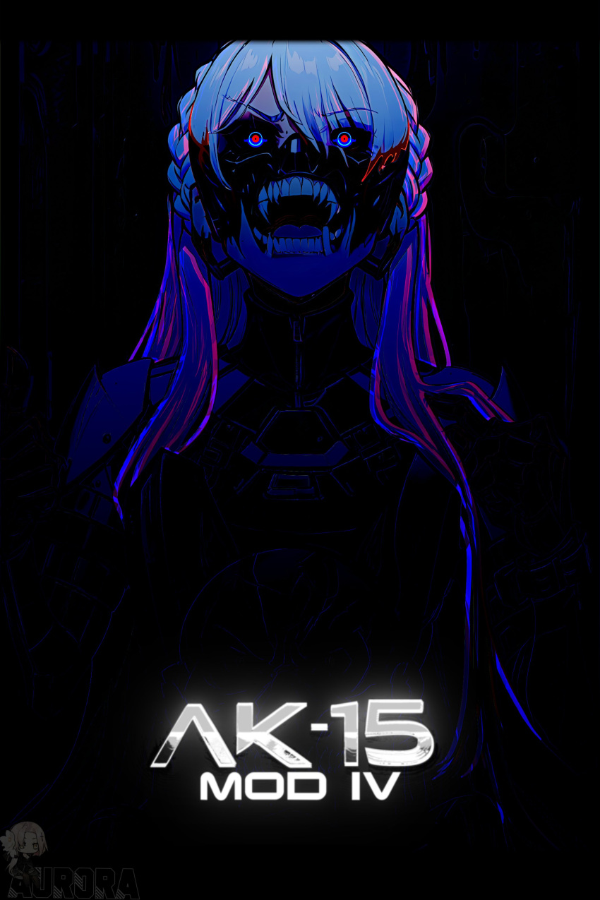 1girl absurdres ak-15_(girls'_frontline) badtotheblade black_background braid character_name cyberpunk girls'_frontline highres mask mechanical_parts muscular muscular_female open_mouth red_eyes white_hair