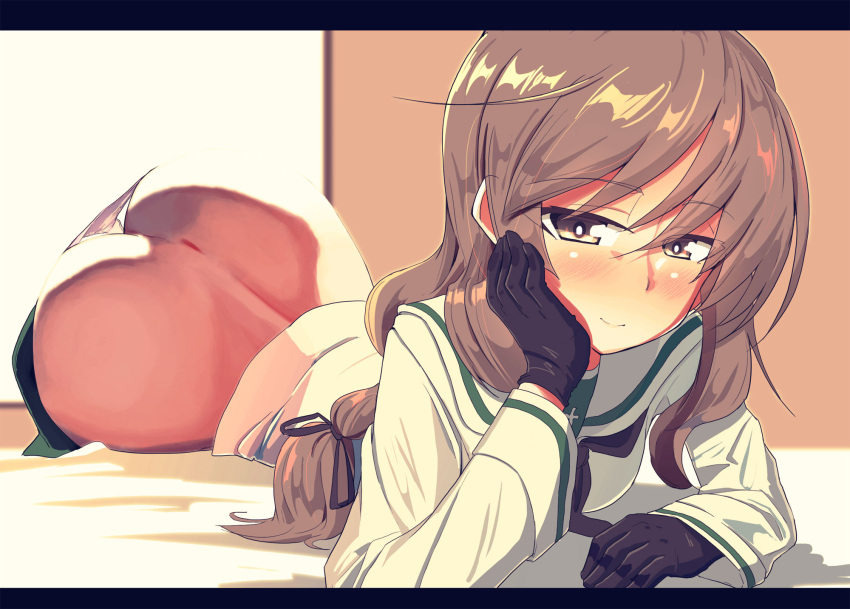 1girl alternate_costume backlighting bed_sheet black_gloves black_neckerchief black_ribbon blouse blush brown_eyes brown_hair closed_mouth clothes_pull commentary elbow_rest girls_und_panzer gloves green_skirt half-closed_eyes head_rest highres jinguu_(4839ms) letterboxed long_hair long_sleeves looking_at_viewer low-tied_long_hair lying mature_female neckerchief on_bed on_stomach ooarai_school_uniform panties panty_peek ribbon sailor_collar school_uniform serafuku shimada_chiyo shirt skirt skirt_pull smile solo thong underwear white_panties white_sailor_collar white_shirt window