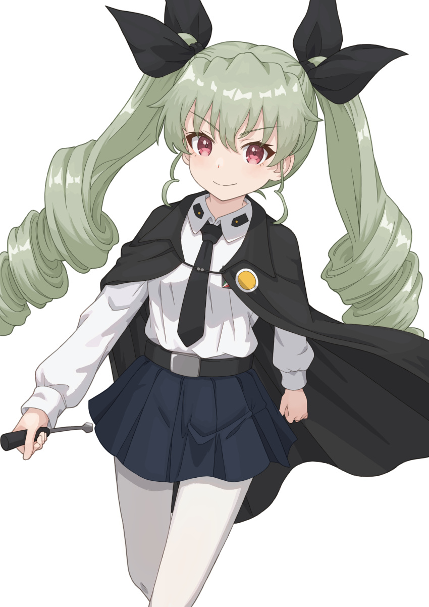 1girl absurdres anchovy_(girls_und_panzer) anzio_school_uniform belt black_belt black_cape black_necktie black_ribbon blue_skirt cape closed_mouth commentary cowboy_shot dress_shirt drill_hair girls_und_panzer green_hair hair_ribbon highres holding_riding_crop long_hair long_sleeves looking_at_viewer miniskirt necktie pantyhose pleated_skirt qgkmn541 red_eyes ribbon riding_crop school_uniform shirt simple_background skirt smile solo standing twin_drills twintails white_background white_pantyhose white_shirt wing_collar