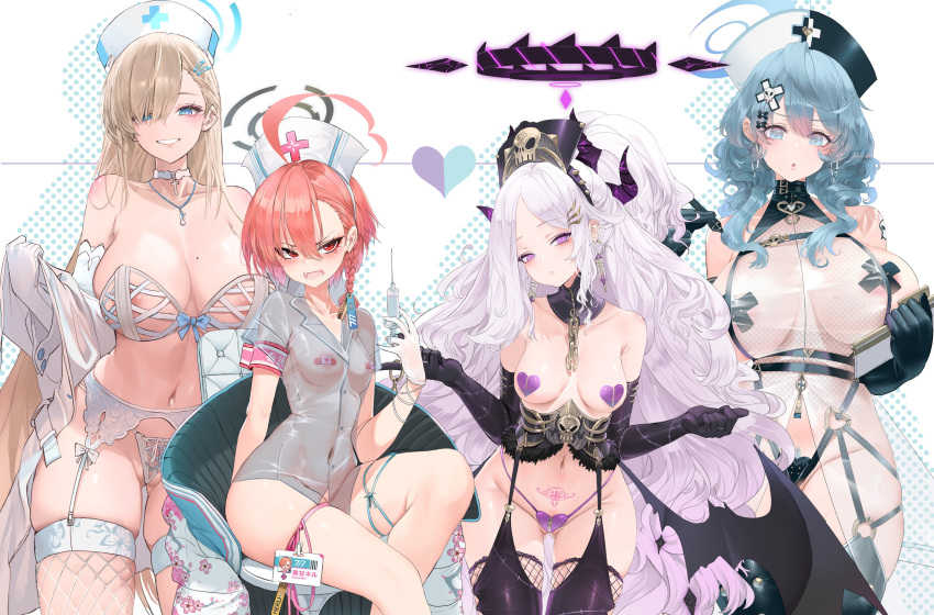 4girls absurdres ako_(blue_archive) alternate_costume apple_sticker armband asuna_(blue_archive) black_thighhighs blue_archive blush breasts covered_nipples demon_horns demon_wings detached_collar dishwasher1910 earrings elbow_gloves fishnets garter_straps gloves grey_hair groin hair_ornament halo hat head_tilt highres hina_(blue_archive) holding holding_syringe horns jewelry knees_together_feet_apart long_hair looking_at_viewer low_wings medium_breasts messy_hair mole mole_on_breast mole_under_eye multiple_girls multiple_horns navel neru_(blue_archive) nurse_cap open_mouth panties parted_bangs pasties pink_armband print_panties pubic_tattoo purple_eyes see-through skull_hair_ornament smile stomach syringe syringe_earrings tattoo thighhighs underwear very_long_hair wings