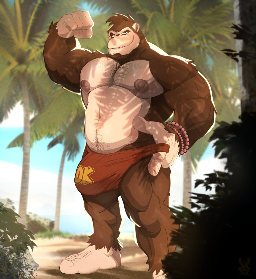 2024 absurd_res anthro biped bracelet bulge detailed_background digital_drawing_(artwork) digital_media_(artwork) donkey_kong_(series) flufflecraft fur hi_res jewelry looking_at_viewer male muscular muscular_anthro muscular_male nintendo nipples outside palm_tree plant solo standing tree