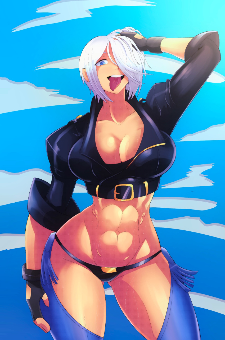 1girl 2099bigredfan abs angel_(kof) blue_eyes breasts chaps cleavage fingerless_gloves gloves hair_over_one_eye hand_on_own_face highres jacket midriff the_king_of_fighters the_king_of_fighters_xv tongue tongue_out white_hair