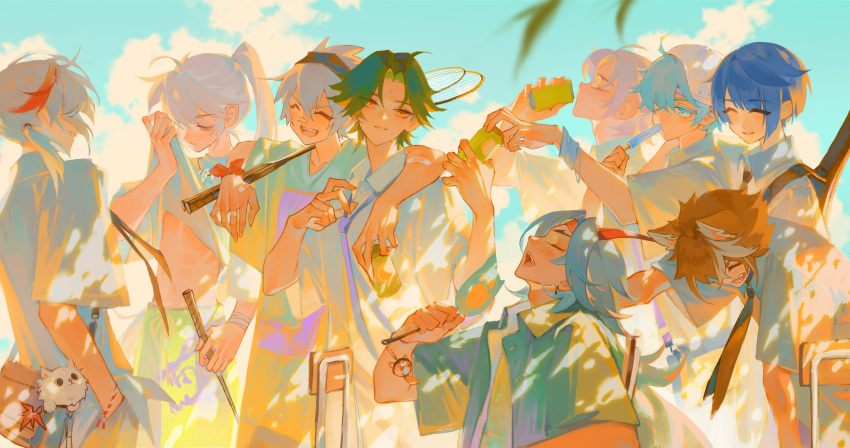 6+boys albedo_(genshin_impact) animal_ears aqua_eyes aqua_hair arataki_itto arm_around_shoulder beach bennett_(genshin_impact) blue_hair brown_hair can chongyun_(genshin_impact) closed_mouth clothes_lift dappled_sunlight dog_ears drink fang genshin_impact gorou_(genshin_impact) green_hair highres holding holding_drink kaedehara_kazuha male_focus multicolored_hair multiple_boys necktie open_mouth outdoors ponytail qiao2121 razor_(genshin_impact) red_hair shirt shirt_lift short_hair sunlight teeth upper_teeth_only white_hair white_shirt xiao_(genshin_impact) xingqiu_(genshin_impact) yellow_eyes