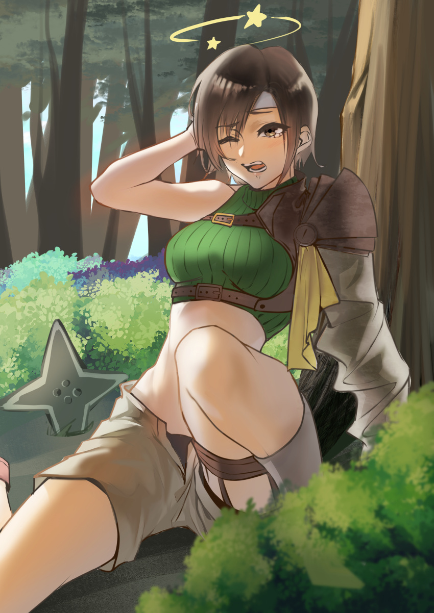 1girl absurdres arm_behind_head arm_support armor black_panties breasts brown_eyes brown_hair brown_shorts brown_socks chest_harness commentary crop_top cropped_sweater dazed feet_out_of_frame final_fantasy final_fantasy_vii foliage forest green_sweater harness headband highres kandume_ma knee_up looking_ahead medium_breasts midriff nature on_ground one_eye_closed open_mouth panties pauldrons ribbed_sweater short_hair shorts shoulder_armor shuriken single_bare_shoulder single_pauldron sitting sleeveless sleeveless_sweater sleeveless_turtleneck socks solo star_(symbol) sweater thigh_strap tree turtleneck underwear weapon white_headband wince yuffie_kisaragi