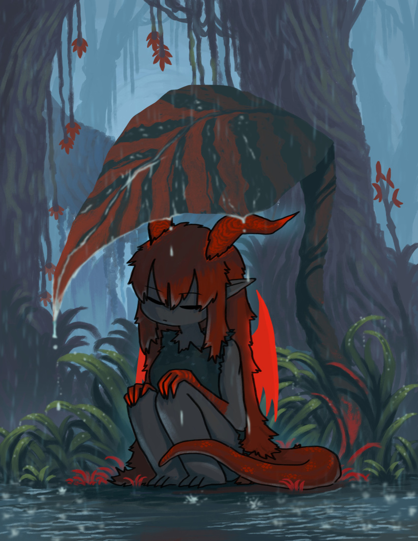 1girl absurdres bare_arms bare_legs bare_shoulders barefoot bird_legs closed_eyes closed_mouth colored_skin commentary dragon_girl dragon_horns dragon_tail dragon_wings dusty_(ddusty) english_commentary fewer_digits forest grey_skin highres horns leaf lizard_tail long_hair monster_girl nature original plant pointy_ears rain red_hair red_skin red_tail sleeveless solo squatting tail tree very_long_hair vines water wings