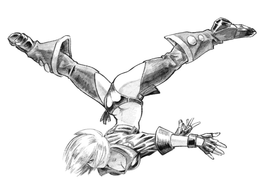 1girl angel_(kof) backless_pants blue_eyes boots bra breasts chaps cleavage cowboy_boots crop_top cropped_jacket fingerless_gloves gloves graphite_(medium) gutsbro hair_over_one_eye jacket large_breasts leather leather_jacket looking_at_viewer midriff monochrome navel panties pants short_hair smile snk solo strapless strapless_bra the_king_of_fighters the_king_of_fighters_xiv toned traditional_media underwear white_hair