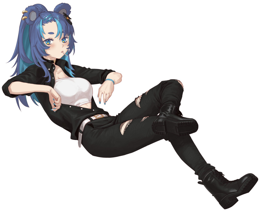 1girl agemmata animal_ears bear_ears bear_girl black_footwear black_pants black_shirt blue_eyes blue_hair blue_nails blush box breasts crossed_legs earrings fujikura_uruka highres jewelry long_hair looking_at_viewer medium_breasts pants parted_lips phase_connect shirt simple_background sitting solo strapless toothpick torn_clothes torn_pants tube_top unbuttoned unbuttoned_shirt virtual_youtuber white_tube_top wristband