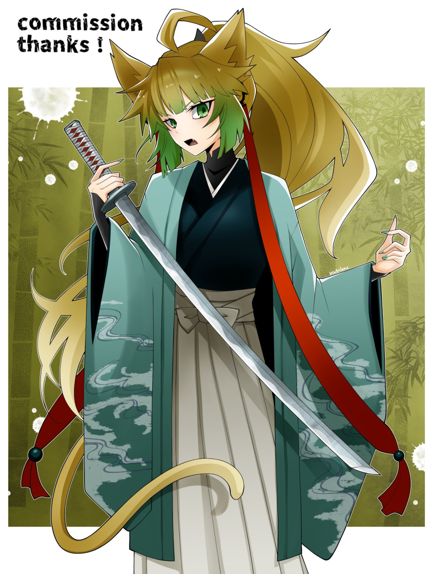 1girl ahoge alternate_hairstyle animal_ears aqua_nails atalanta_(fate) bamboo blonde_hair commission cosplay fang fate/grand_order fate_(series) gradient_hair green_eyes green_hair hakama haori highres holding holding_sword holding_weapon japanese_clothes katana kimono long_sleeves looking_at_viewer multicolored_hair open_mouth ponytail solo sword tail wagu_neru weapon wide_sleeves yui_shousetsu_(fate) yui_shousetsu_(fate)_(cosplay)