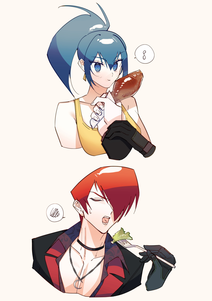 absurdres bare_shoulders blue_eyes blue_hair choker closed_eyes closed_mouth earrings food fork gloves highres holding holding_food holding_fork jewelry leona_heidern lettuce moon musical_note one_eye_covered otoseto pendant ponytail red_eyes red_hair tank_top the_king_of_fighters the_king_of_fighters_xv triangle_earrings yagami_iori yellow_tank_top