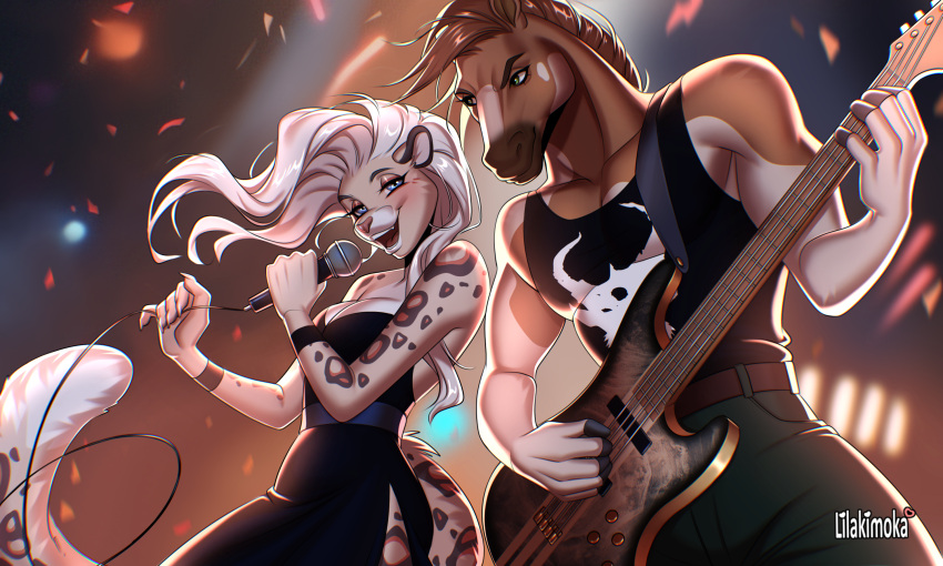 anthro bass_(disambiguation) broderick_longshanks clothed clothing concert digital_media_(artwork) duo equid equine felid female fur guitar hair hi_res horse lila_(lilakimoka) lilakimoka male male/female mammal musical_instrument pantherine plucked_string_instrument smile snow_leopard string_instrument