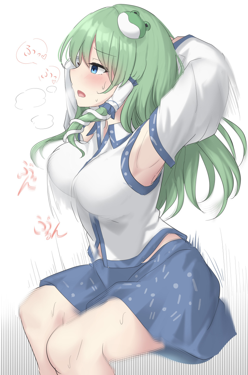 1girl absurdres armpits bare_legs blue_eyes blue_skirt breasts collared_shirt detached_sleeves empty_eyes exercise frog_hair_ornament from_side green_hair hair_ornament hair_tubes hands_on_own_head heavy_breathing highres kochiya_sanae large_breasts long_hair motion_blur nontraditional_miko open_mouth shirt single_sidelock skirt sleeveless sleeveless_shirt snake_hair_ornament squatting sweat touhou white_background white_shirt wide_sleeves youmu-kun