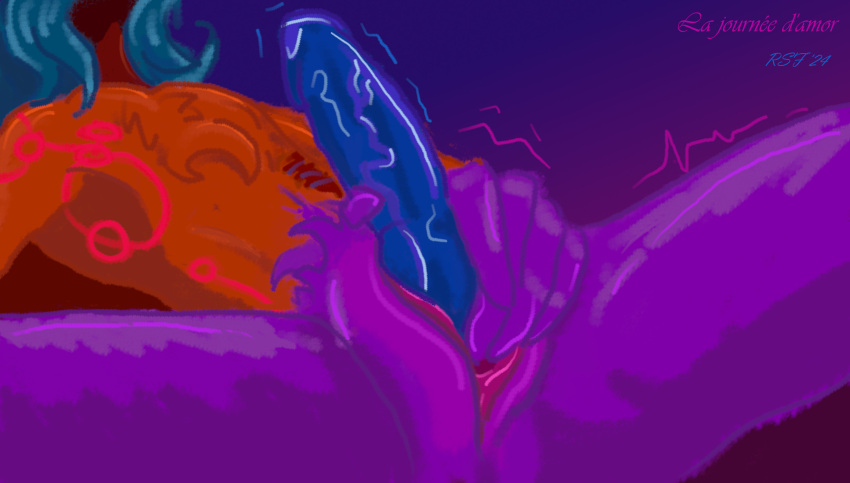 2024 animal_genitalia anthro blue_penis chest_tuft close-up digital_drawing_(artwork) digital_media_(artwork) erection faceless_character fingering foreshortening fur genital_slit genitals glistening glistening_genitalia glistening_penis gloves_(marking) glowing glowing_markings hair hi_res highlights_(coloring) leg_twitch long_hair low-angle_view lying magical_creature male markings masturbation motion_lines nonbinary_(lore) nude on_back orange_body orange_fur pants_(marking) penis pubes pubic_mound purple_body purple_fur red_markings reifan simple_background slit slit_fingering slit_masturbation slit_play solo spread_legs spreading throbbing_penis tuft twitching undead vein veiny_penis wounded