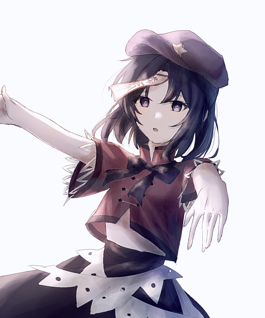 0801_nu 1girl black_hair black_skirt cabbie_hat commentary grey_background hat hat_ornament highres miyako_yoshika ofuda open_mouth outstretched_arms purple_headwear red_shirt shirt short_hair short_sleeves simple_background skirt solo star_(symbol) star_hat_ornament touhou