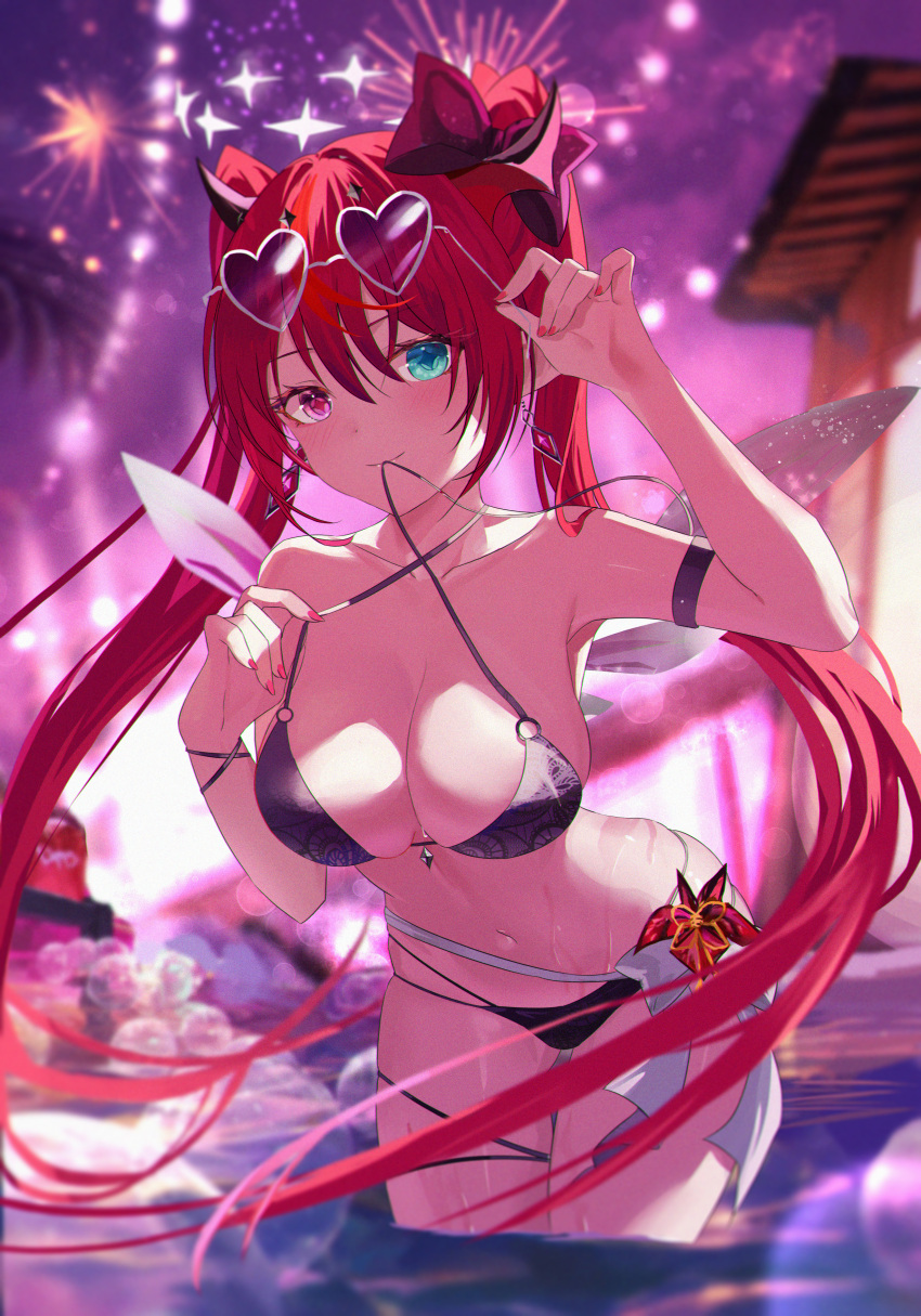 1girl absurdres bikini black_bikini blue_eyes breasts cleavage double_halo eyewear_on_head halo heart heart-shaped_eyewear highres hololive hololive_english irys_(hololive) jiang_ye_kiri long_hair looking_at_viewer medium_breasts mouth_hold multicolored_hair nail_polish purple_hair red_eyes red_hair red_nails smile solo star_halo sunglasses swimsuit thigh_strap twintails two-tone_hair virtual_youtuber wading water wings