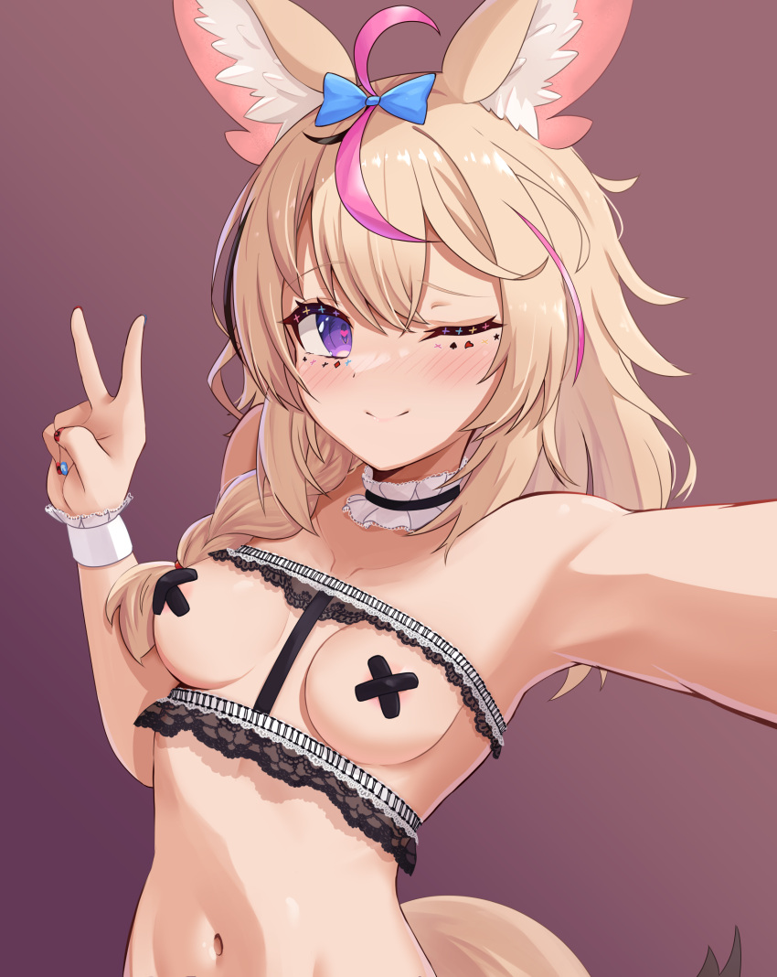 1girl ahoge alternate_costume animal_ear_fluff animal_ears areola_slip black_hair blonde_hair blue_bow blue_nails blush bow braid breasts choker closed_mouth commentary cross_pasties english_commentary facial_mark fox_ears fox_girl fox_tail frilled_choker frills gradient_background hair_between_eyes hair_bow hair_over_shoulder hand_up heart heart-shaped_pupils highres hololive long_hair looking_at_viewer multicolored_hair multicolored_nails nail_polish navel omaru_polka one_eye_closed outstretched_arm pasties pink_background pink_hair purple_eyes reaching reaching_towards_viewer red_nails selfie side_braid simple_background single_braid small_breasts smile solo streaked_hair symbol-shaped_pupils tail telomere upper_body v variant_set virtual_youtuber white_choker