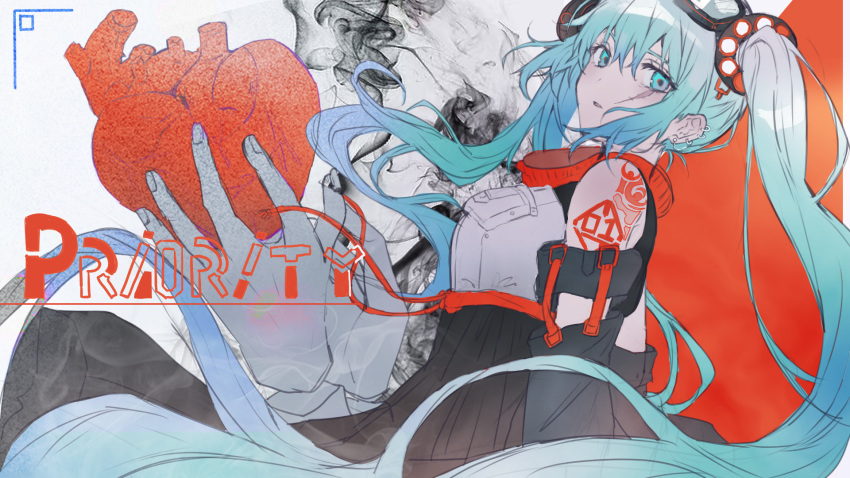 1girl bare_shoulders black_skirt black_sleeves blue_eyes blue_hair breasts commentary_request detached_sleeves ear_piercing eyebrows_hidden_by_hair goggles goggles_on_head grey_background hair_between_eyes hatsune_miku heart_(organ) heremia high-waist_skirt highres holding long_hair looking_at_viewer looking_to_the_side parted_lips piercing pleated_skirt red_background shirt skirt small_breasts solo_focus twintails very_long_hair vocaloid white_shirt