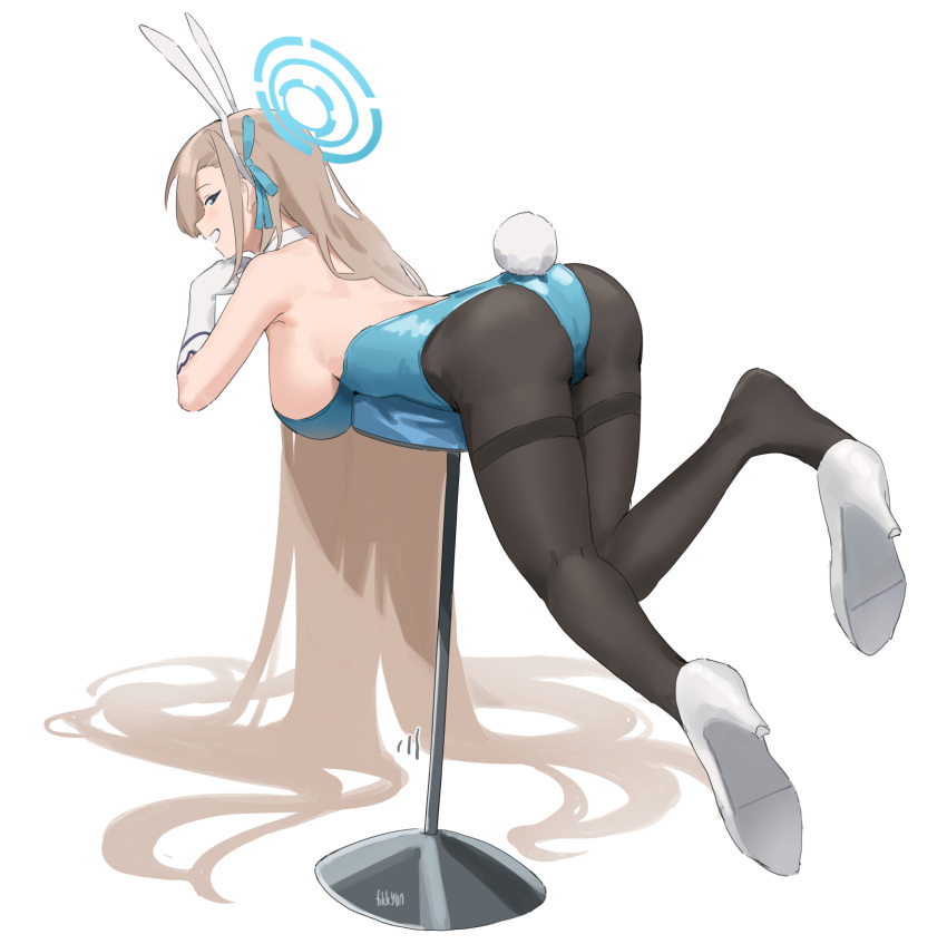 1girl animal_ears ass asuna_(blue_archive) asuna_(bunny)_(blue_archive) backless_leotard bar_stool bare_shoulders blue_archive blue_eyes blue_leotard blush breasts detached_collar fake_animal_ears fake_tail fikkyun gloves halo highleg highleg_leotard highres large_breasts leotard long_hair looking_at_viewer lying on_stomach playboy_bunny rabbit_ears rabbit_tail sideboob simple_background smile solo stool strapless strapless_leotard tail thighs very_long_hair white_background white_gloves wrist_cuffs