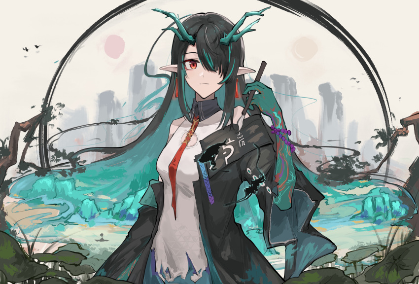 1girl absurdres aqua_hair aqua_horns arknights bare_shoulders beads black_coat black_hair calligraphy_brush chinese_commentary closed_mouth clothing_cutout coat collared_dress colored_inner_hair colored_skin commentary_request cowboy_shot dragon_girl dragon_horns dress dusk_(arknights) earrings expressionless hair_over_one_eye hand_up highres holding holding_calligraphy_brush holding_paintbrush horns jewelry long_hair looking_at_viewer magic multicolored_hair necktie off_shoulder one_eye_covered open_clothes open_coat paintbrush plant pointy_ears red_eyes red_necktie solo standing streaked_hair surreal very_long_hair white_dress wide_sleeves yi1ling0