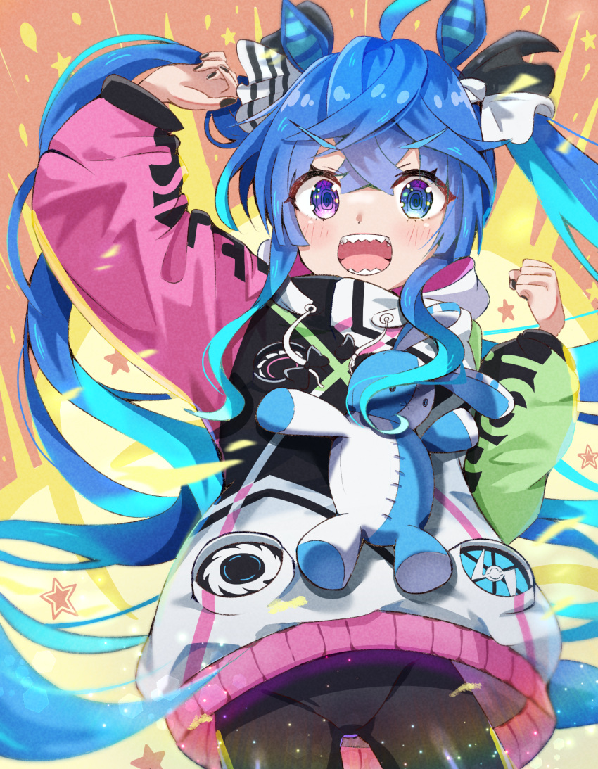 1girl ahoge animal_ears aqua_hair black_bodysuit black_ribbon blue_eyes blue_hair bodysuit coat commentary cowboy_shot crossed_bangs drawstring hair_ribbon heterochromia highres hood hood_down hooded_coat horse_ears horse_girl horse_tail long_hair long_sleeves looking_at_viewer mikumiku37 multicolored_coat multicolored_hair open_mouth purple_eyes ribbon sharp_teeth sidelocks smile solo standing star_(symbol) stuffed_animal stuffed_rabbit stuffed_toy tail teeth twin_turbo_(umamusume) twintails two-tone_hair umamusume very_long_hair