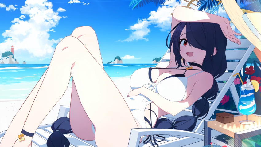 1girl :o arms_under_breasts artist_request asymmetrical_bangs beach_chair bikini black_bikini black_choker black_hair blue_archive blush breasts casual_one-piece_swimsuit choker cleavage commentary criss-cross_halter crossed_arms game_cg hair_over_one_eye halterneck highres hinata_(blue_archive) hinata_(swimsuit)_(blue_archive) large_breasts long_hair looking_at_viewer non-web_source official_alternate_costume official_art one-piece_swimsuit one_eye_covered red_eyes side-tie_bikini_bottom sitting solo swimsuit very_long_hair white_one-piece_swimsuit