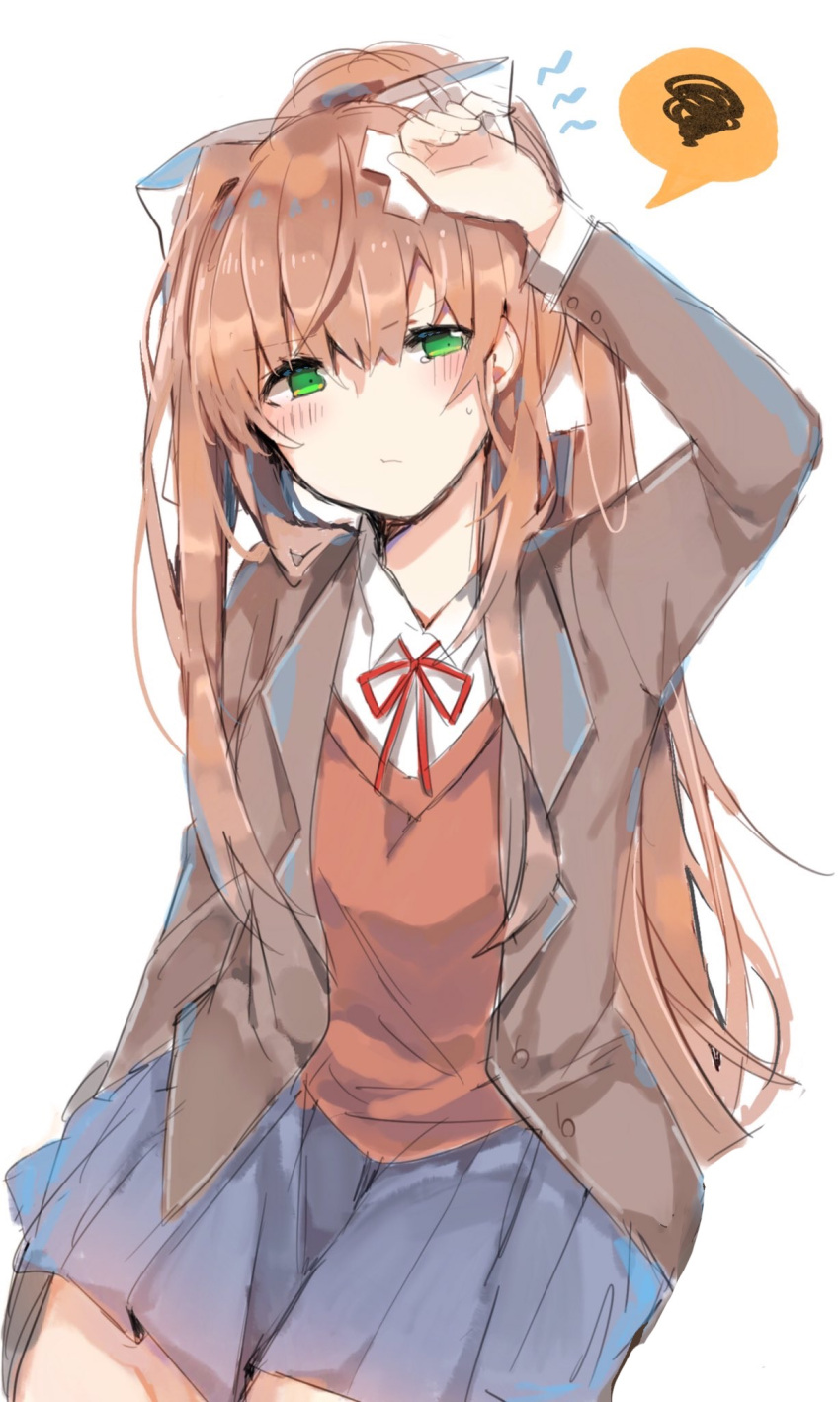 1girl arms_up azna blazer blue_skirt blush bow brown_hair doki_doki_literature_club green_eyes hair_between_eyes hair_bow hair_ribbon highres jacket long_hair long_sleeves looking_at_viewer monika_(doki_doki_literature_club) open_clothes open_jacket orange_vest pleated_skirt ponytail red_jacket red_sweater_vest ribbon school_uniform shirt simple_background sitting skirt solo sweatdrop sweater_vest tears very_long_hair vest white_background white_bow white_ribbon white_shirt