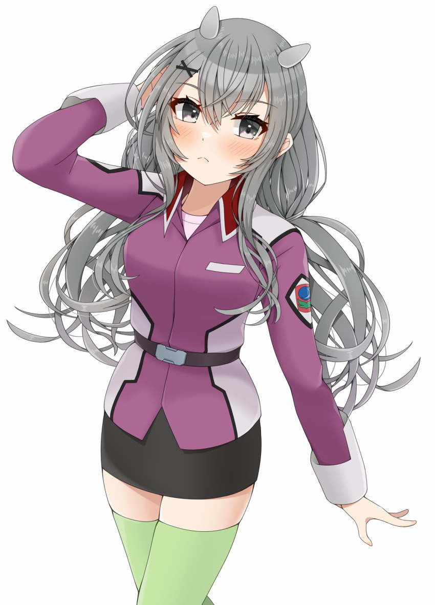 1girl black_skirt cosplay cowboy_shot fake_horns flay_allster flay_allster_(cosplay) green_thighhighs grey_eyes grey_hair gundam gundam_seed highres horned_headwear horns i-201_(kancolle) kantai_collection long_hair low_twintails military_uniform name_connection otobi pencil_skirt purple_shirt shirt simple_background skirt solo thighhighs twintails uniform white_background