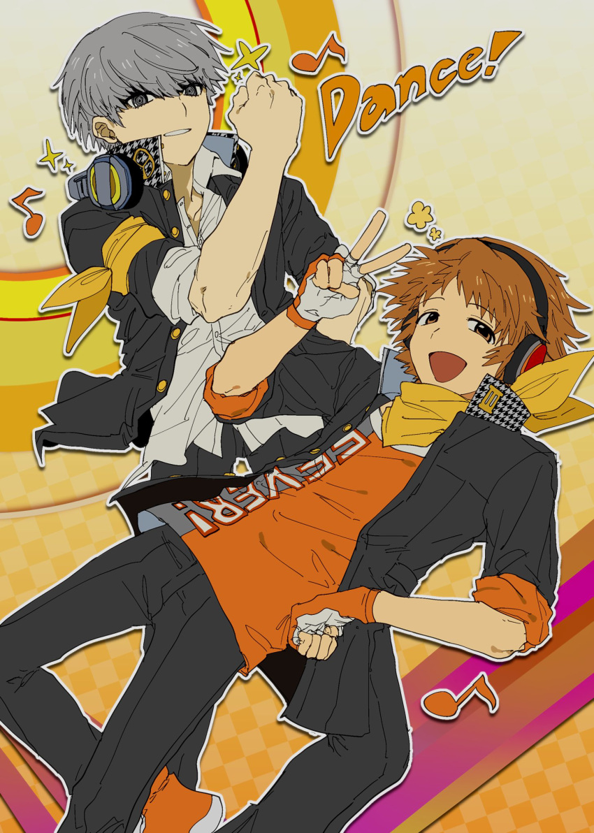 2boys :d armband bandana black_pants bnna-0208 brown_eyes brown_hair collared_shirt fingerless_gloves gloves grey_eyes grey_hair grey_shirt grid_background grin hanamura_yousuke hand_on_own_hip hand_up headphones headphones_around_neck highres jacket long_sleeves looking_at_viewer male_focus multiple_boys musical_note narukami_yuu open_clothes open_collar open_jacket open_mouth orange_background orange_footwear orange_gloves orange_shirt outline pants persona persona_4 persona_4:_dancing_all_night persona_dancing school_uniform shirt shoes sleeves_rolled_up smile sparkle two-tone_shirt v white_outline white_shirt wing_collar yasogami_school_uniform yellow_armband yellow_bandana