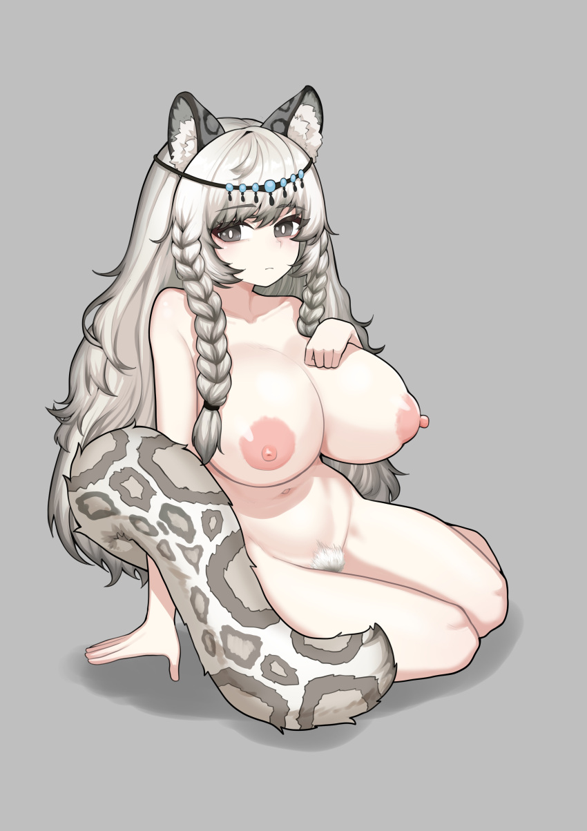 1girl absurdres animal_ear_fluff animal_ears arknights arm_support braid breasts bright_pupils closed_mouth completely_nude expressionless female_pubic_hair full_body grey_background grey_eyes grey_hair grey_pubic_hair groin hand_on_own_chest hand_up head_chain highres huge_breasts leaning_to_the_side long_hair navel nipples nude pale_skin pramanix_(arknights) pubic_hair puffy_nipples simple_background sitting snow_leopard_ears snow_leopard_girl snow_leopard_tail solo stomach tail twin_braids very_long_hair white_pupils zommeva