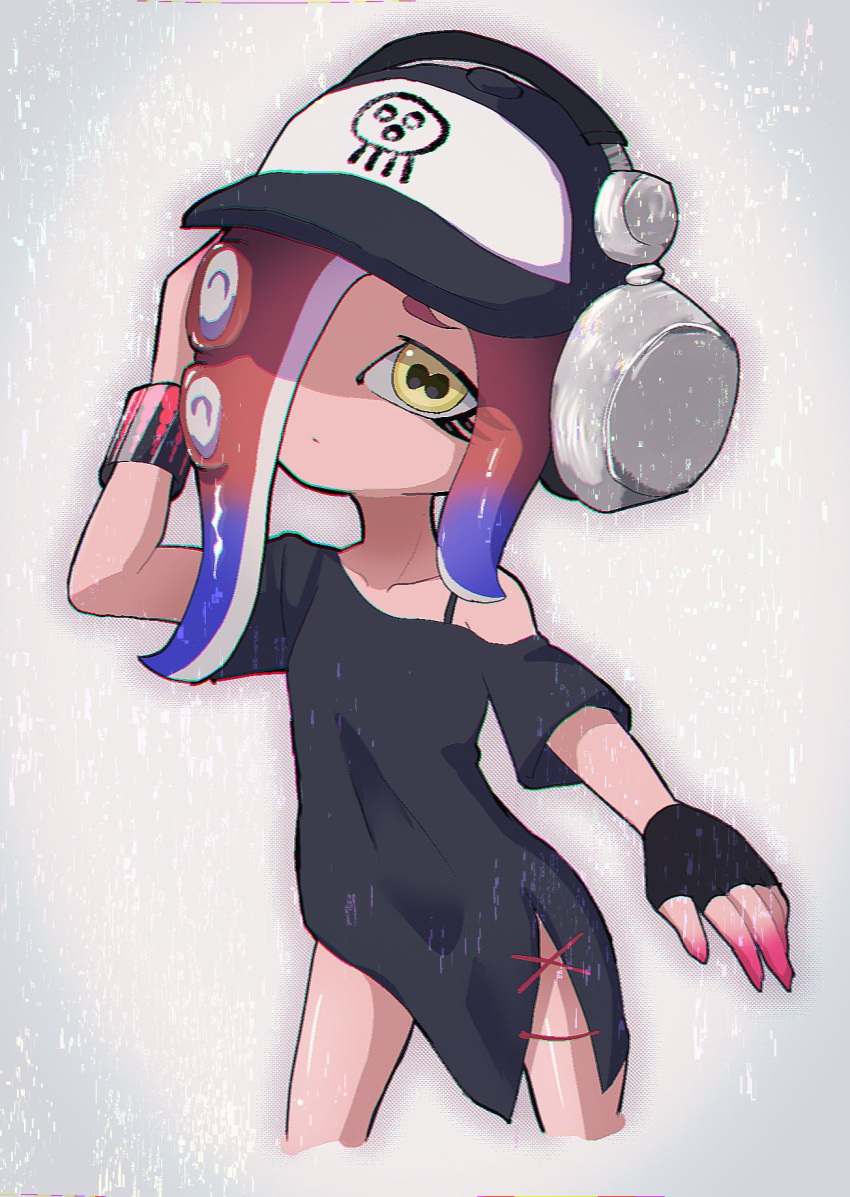 1girl arm_up baseball_cap black_dress blue_hair cephalopod_eyes closed_mouth commentary_request cropped_legs dedf1sh dress eyelashes gradient_hair grey_background hat headphones headphones_over_headwear highres long_hair multicolored_hair octoling off_shoulder panu print_headwear red_hair side_slit single_bare_shoulder solo splatoon_(series) splatoon_3 splatoon_3:_side_order tentacle_hair thick_eyebrows two-tone_hair yellow_eyes