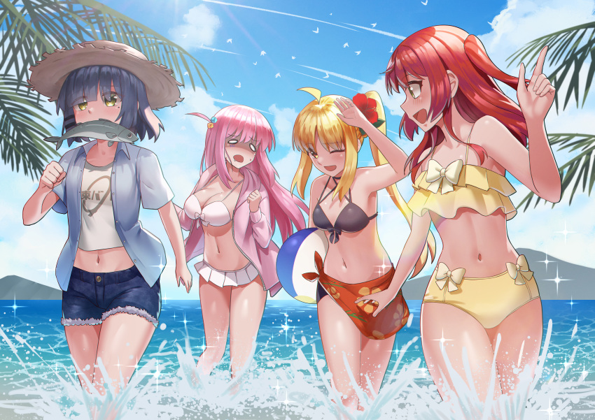 4girls absurdres ball beach beachball beads bikini bird blonde_hair blue_hair bocchi_the_rock! breasts commentary_request exhausted fish gotoh_hitori hair_beads hair_ornament hat highres ijichi_nijika kita_ikuyo koizumike large_breasts long_hair medium_breasts multiple_girls navel pink_hair red_hair shirt short_hair small_breasts smile splashing straw_hat swimsuit t-shirt yamada_ryo