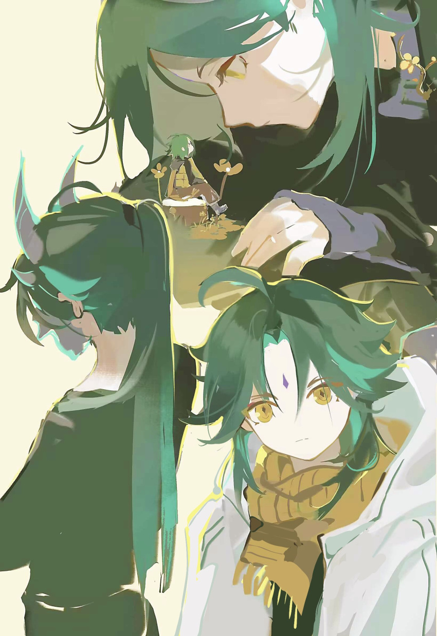 1boy alternate_costume black_shirt closed_mouth demon_horns diamond-shaped_pupils diamond_(shape) facial_mark forehead_mark from_above from_behind genshin_impact green_hair high_ponytail highres hood hood_down hooded_jacket horns jacket long_hair looking_at_viewer male_focus medium_hair multicolored_hair multiple_views qingxin_gua_yu scarf shirt simple_background solo symbol-shaped_pupils white_jacket xiao_(genshin_impact) yellow_eyes yellow_scarf