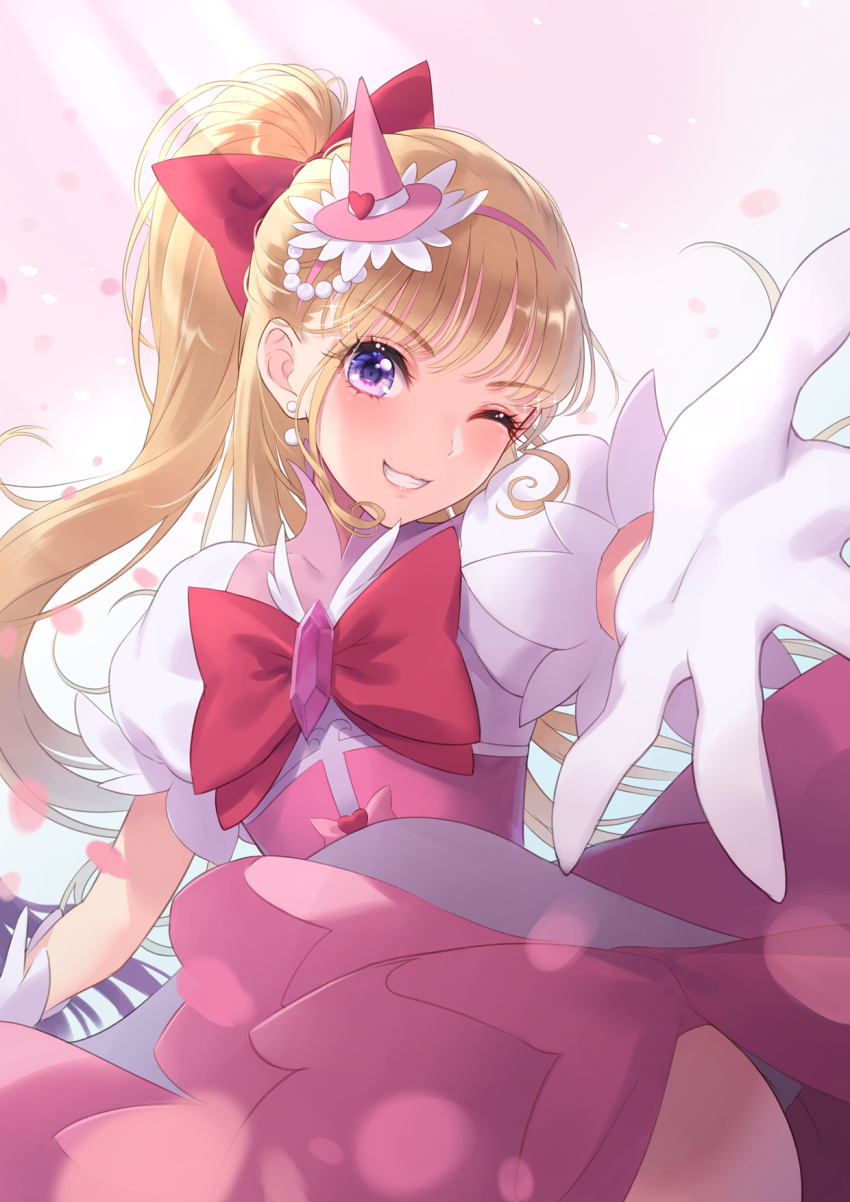 1girl asahina_mirai blush bow crystal cure_miracle dress earrings gloves grin hair_bow hairband half_updo hat highres jewelry light_rays long_hair looking_at_viewer mahou_girls_precure! minato_asuka mini_hat mini_witch_hat one_eye_closed outstretched_arm pearl_earrings precure puffy_short_sleeves puffy_sleeves purple_eyes reaching reaching_towards_viewer short_sleeves smile solo very_long_hair witch_hat