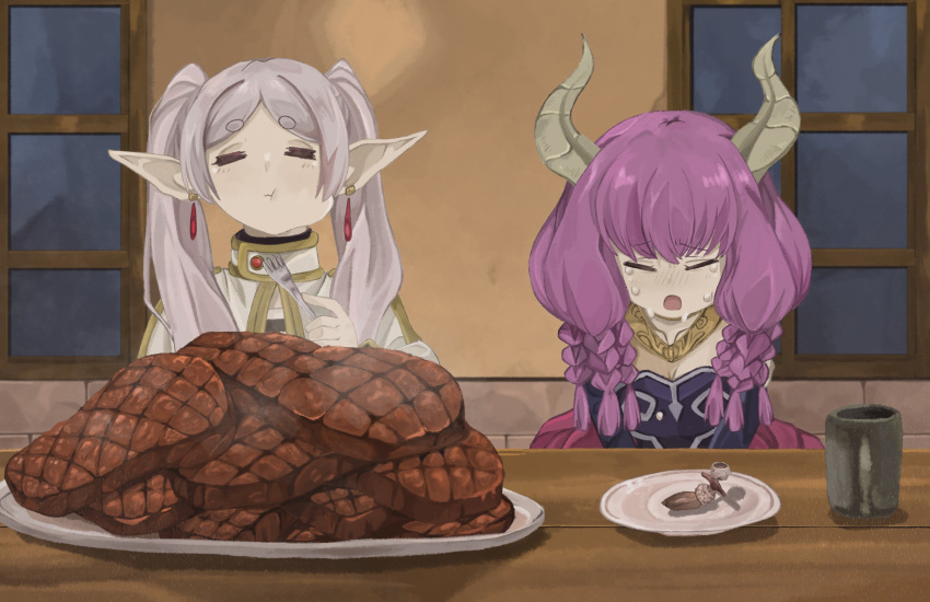 2girls =_= acorn aura_(sousou_no_frieren) aura_bullying_(meme) braid capelet crying cup demon_girl demon_horns eating food food_in_mouth fork frieren gold_trim highres holding holding_fork horns indoors jewelry long_hair meme mug multiple_girls muntins naaga_sonomono necklace parted_bangs plate purple_hair restaurant short_eyebrows sitting sousou_no_frieren steak table thick_eyebrows twintails white_capelet white_hair window