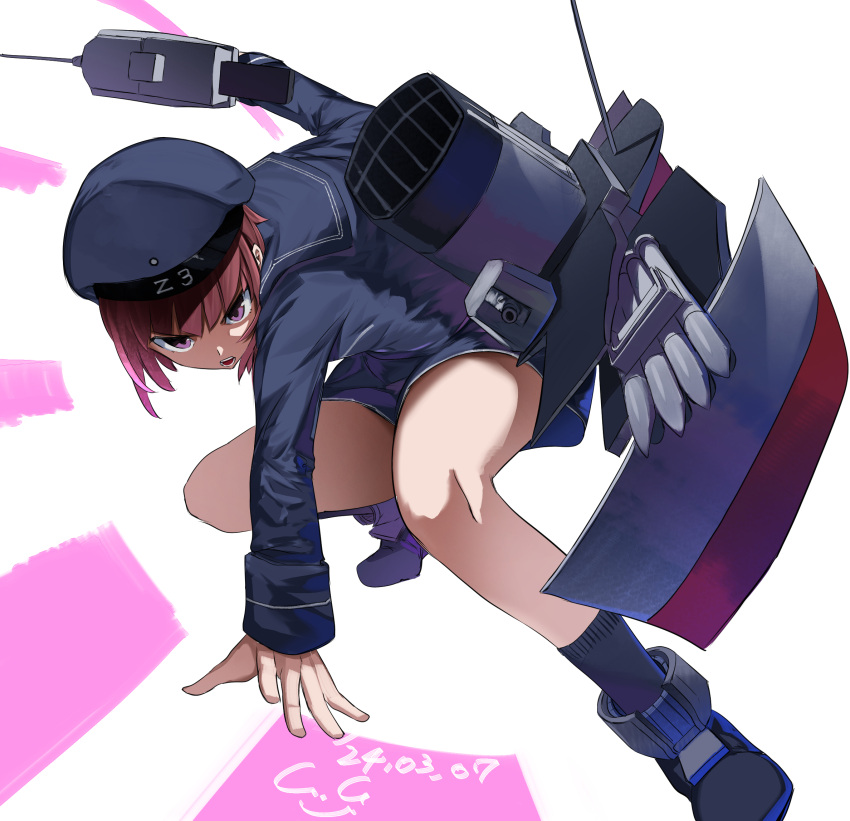1girl adapted_turret anchor blush brown_eyes brown_hair cannon clothes_writing dated dress gegeron hat highres kantai_collection long_sleeves machinery peaked_cap rigging sailor_collar sailor_dress sailor_hat short_hair signature smokestack solo torpedo torpedo_launcher torpedo_tubes turret white_background z3_max_schultz_(kancolle)
