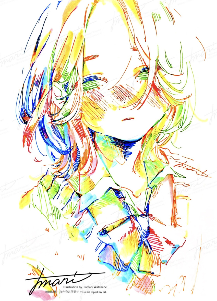 1girl artist_name blush bow bowtie cardigan closed_mouth collared_shirt colorful highres looking_at_viewer medium_hair original school_uniform shirt signature solo traditional_media upper_body watanabe_tomari watermark white_background