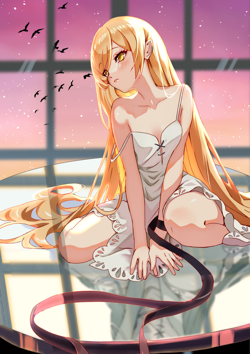 1girl absurdres apple_tea_(mellonnicola) bare_arms between_legs blonde_hair closed_mouth collarbone dress flat_chest hand_between_legs head_tilt highres long_hair monogatari_(series) oshino_shinobu short_dress sitting sleeveless sleeveless_dress solo straight_hair strap_slip sundress swept_bangs very_long_hair wariza white_dress yellow_eyes