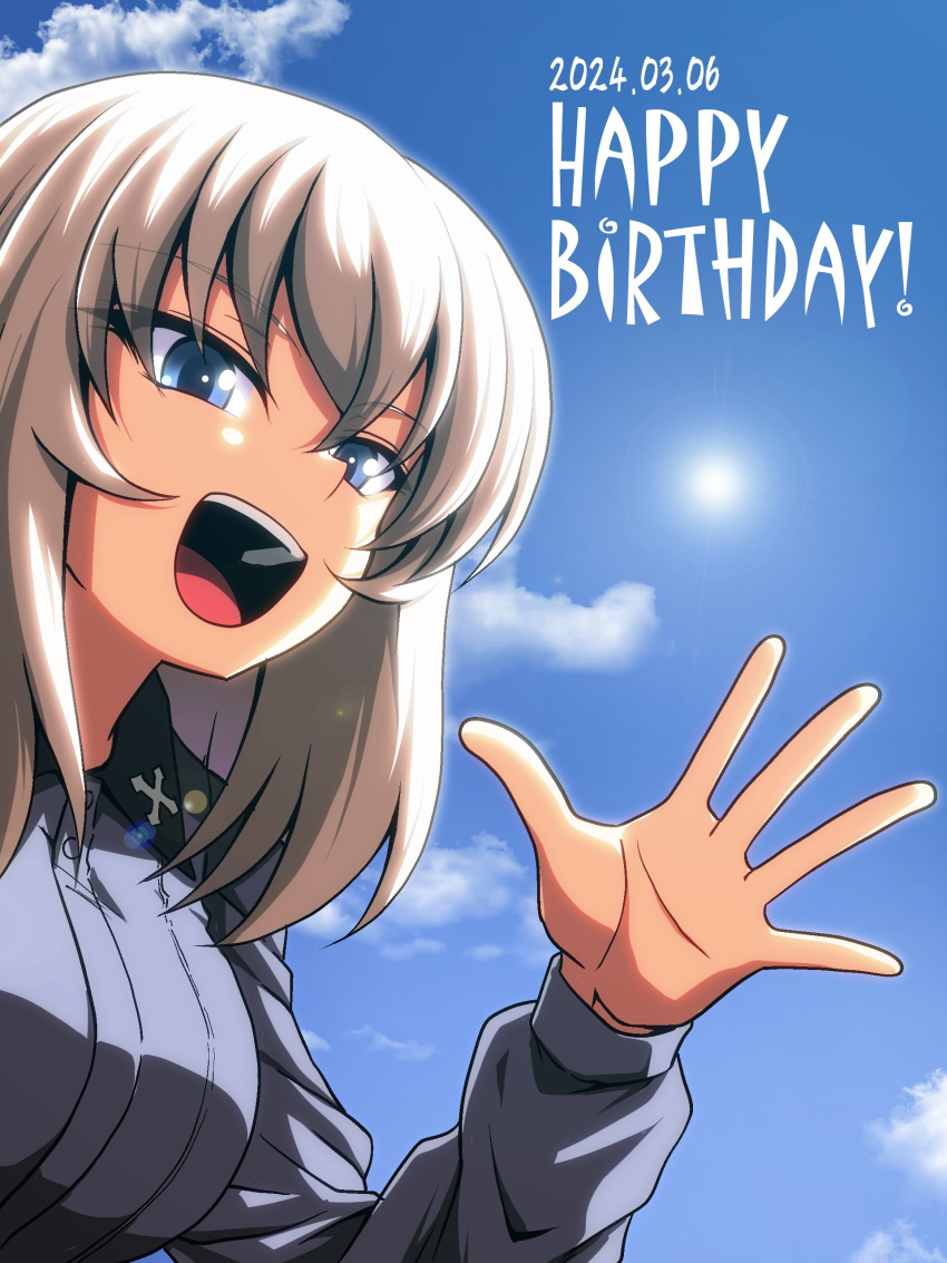 1girl absurdres birthday blue_eyes blue_sky cloud cloudy_sky commentary dated day dress_shirt english_text girls_und_panzer grey_hair grey_shirt happy_birthday highres insignia itsumi_erika kamishima_kanon kuromorimine_school_uniform long_sleeves looking_at_viewer medium_hair open_mouth outdoors school_uniform shirt sky smile solo waving wing_collar