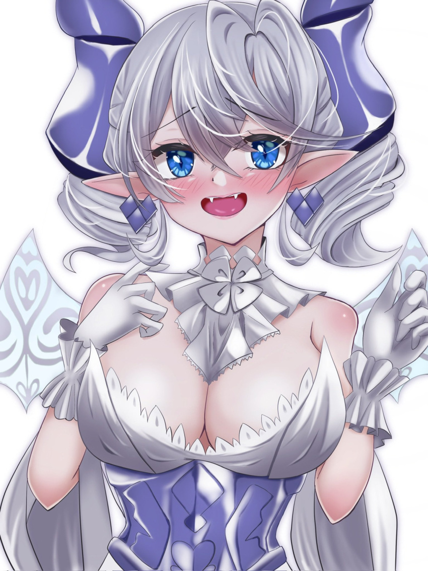 1girl blush breasts cleavage demon_girl demon_horns demon_wings dress duel_monster fangs gloves grey_eyes highres horns kate_(iloveyorm) large_breasts looking_at_viewer lovely_labrynth_of_the_silver_castle low_wings pointy_ears purple_horns smile solo twintails upper_body white_background white_hair wings yu-gi-oh!
