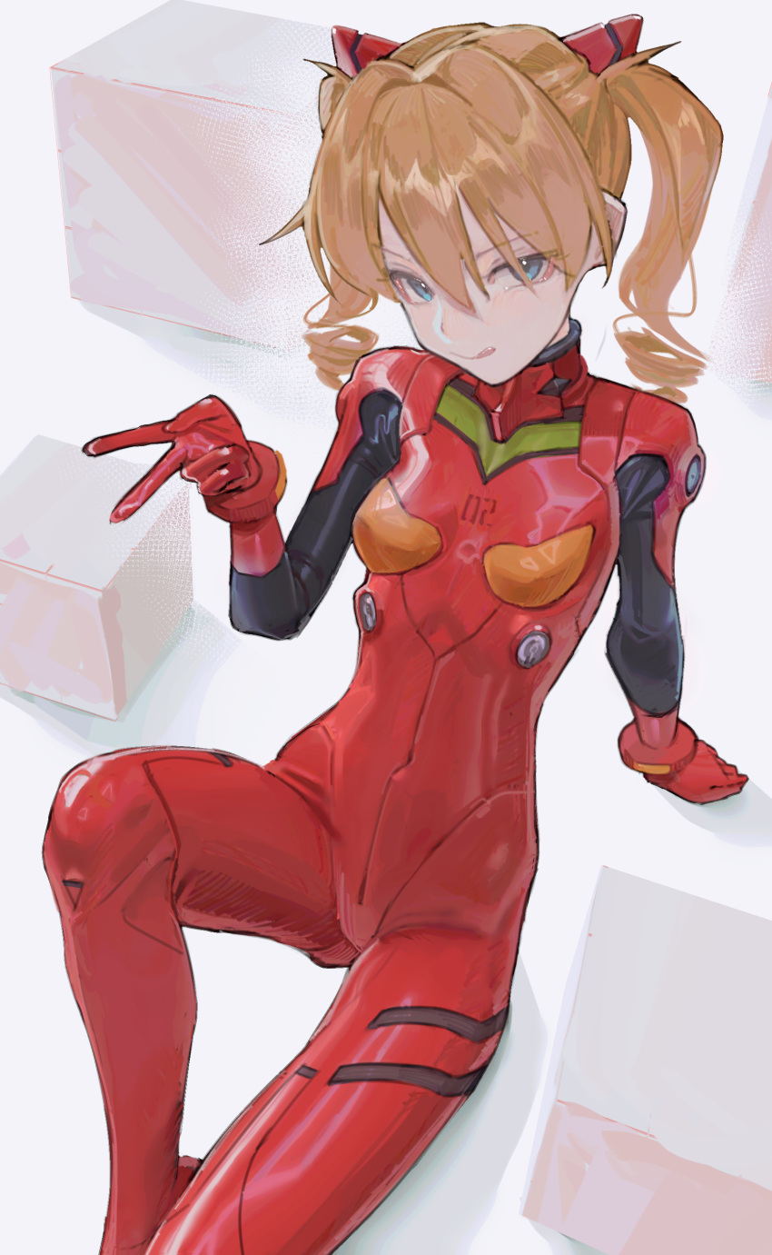 1girl absurdres arm_support blue_eyes bodysuit breasts cube highres interface_headset licking_lips looking_at_viewer neon_genesis_evangelion orange_hair plugsuit red_bodysuit saaal653 shiny_clothes sitting skin_tight small_breasts smile solo souryuu_asuka_langley tongue tongue_out twintails v