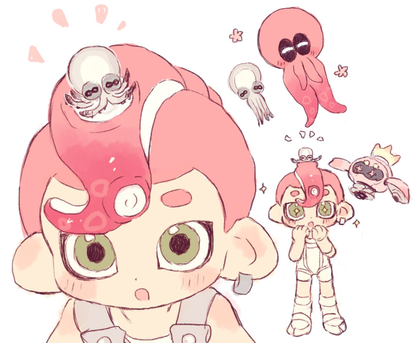 +_+ 1boy agent_8_(splatoon) bodysuit cephalopod_eyes closed_eyes commentary_request crown earrings floating green_eyes highres hoop_earrings jewelry long_hair mei_tyan_n multiple_views non-humanoid_robot octoling octoling_boy octoling_player_character octopus pearl_drone_(splatoon) red_hair robot short_hair simple_background smollusk_(splatoon) sparkle splatoon_(series) splatoon_3 splatoon_3:_side_order standing tentacle_hair tentacles thick_eyebrows white_background white_bodysuit